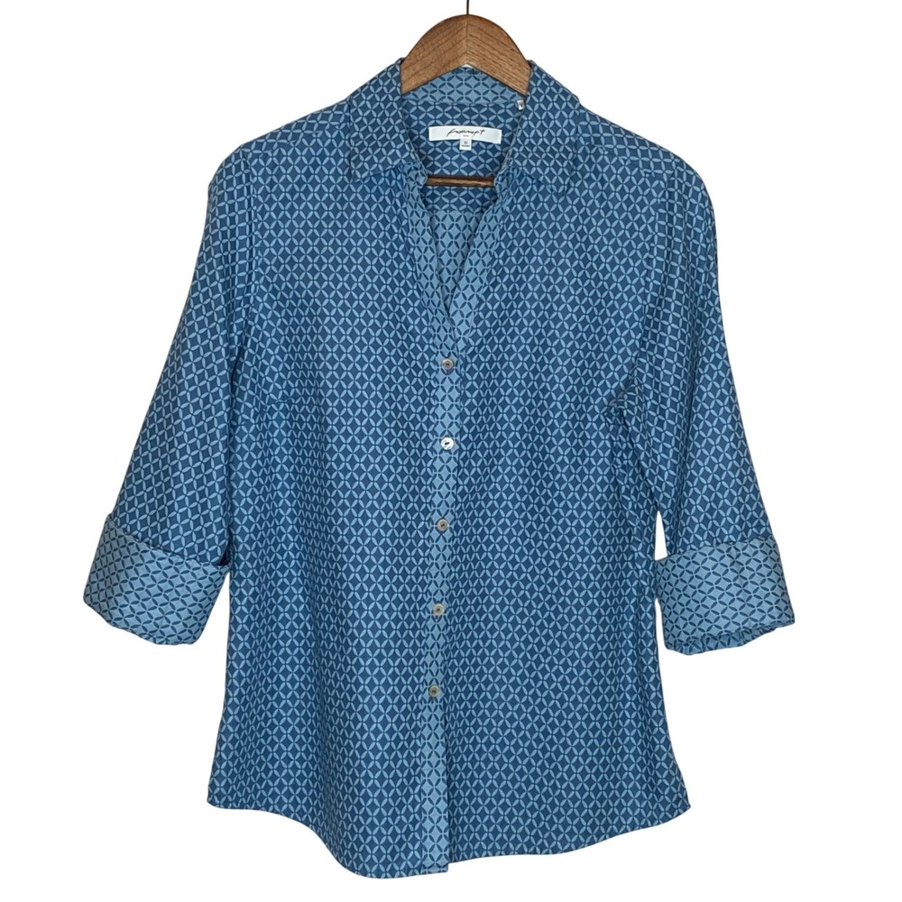 Foxcroft Womens Shaped Fit Button Up Shirt Size 12 Blue Geometric Preppy Office